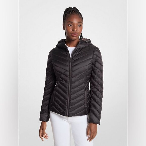 NWT Michael Kors Chevron Logo Print Quilted Nylon Reversible Jacket Size L - Picture 1 of 16